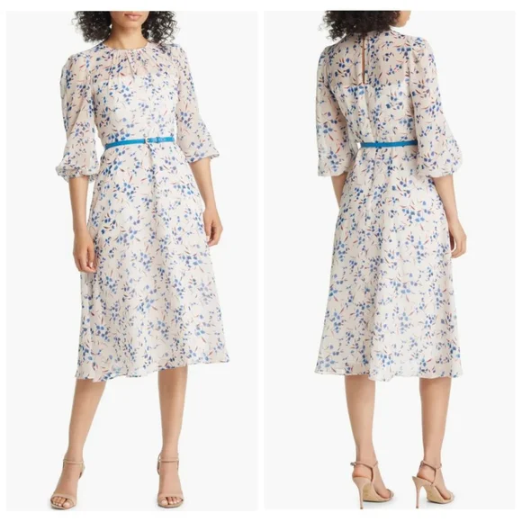 Harper Rose Womens Floral Midi Dress Size 12 Pink Blue Belt Puff Sleeve NWOT - Picture 1 of 12